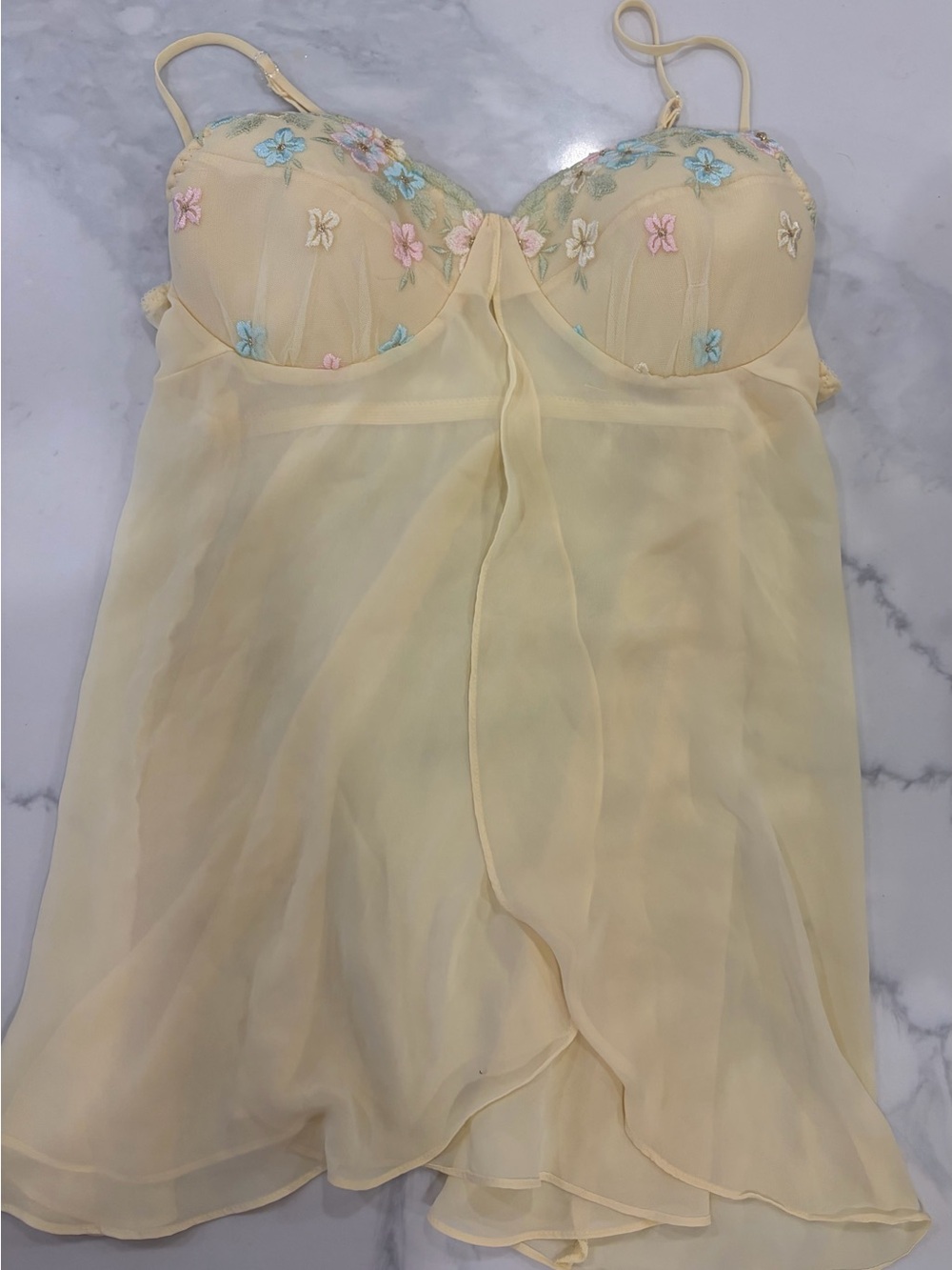Sheer Yellow Floral-Embroidered Babydoll Top
